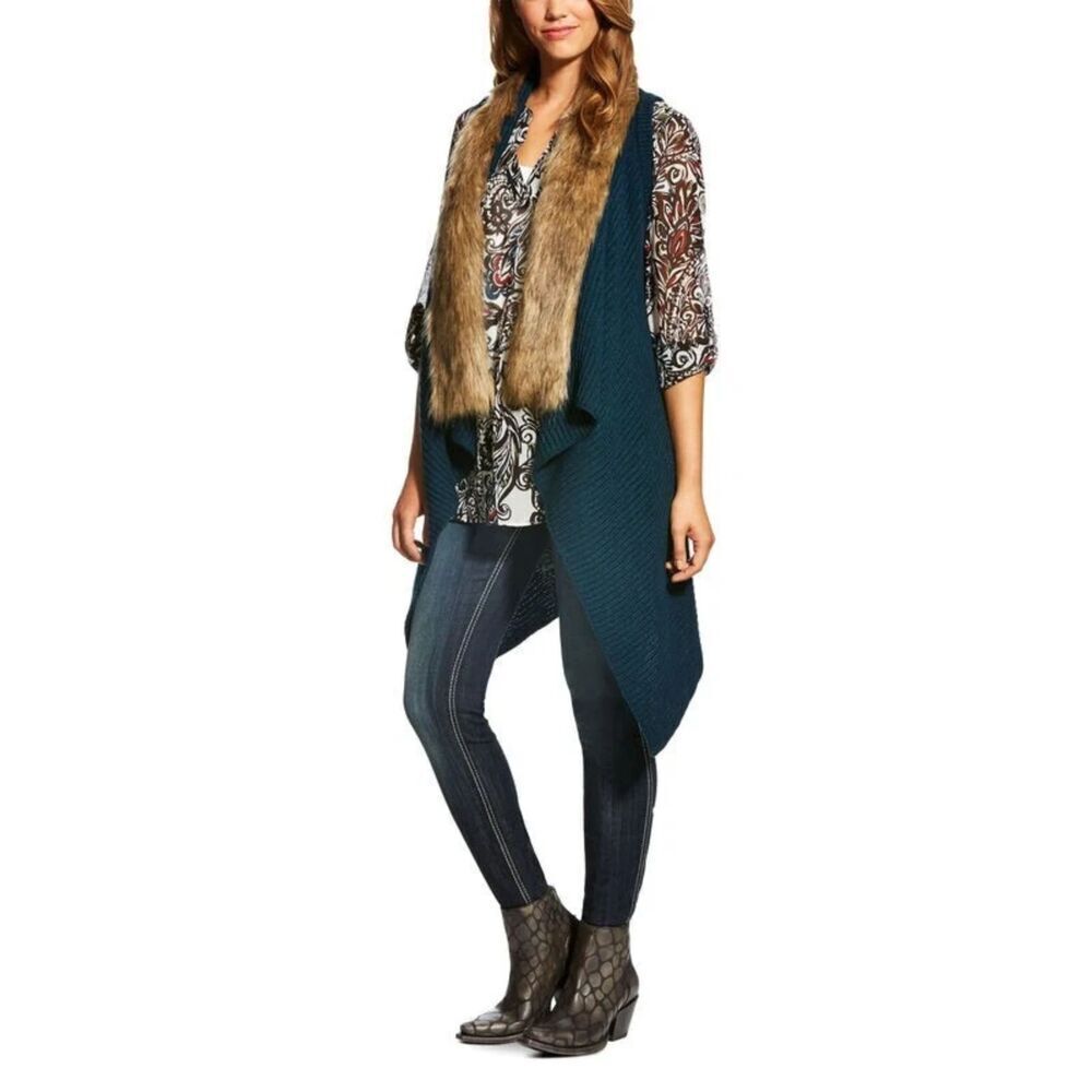 ARIAT Teal Blue Knit Brown Faux Fur Lined Long Open Cardigan Sweater Size Medium